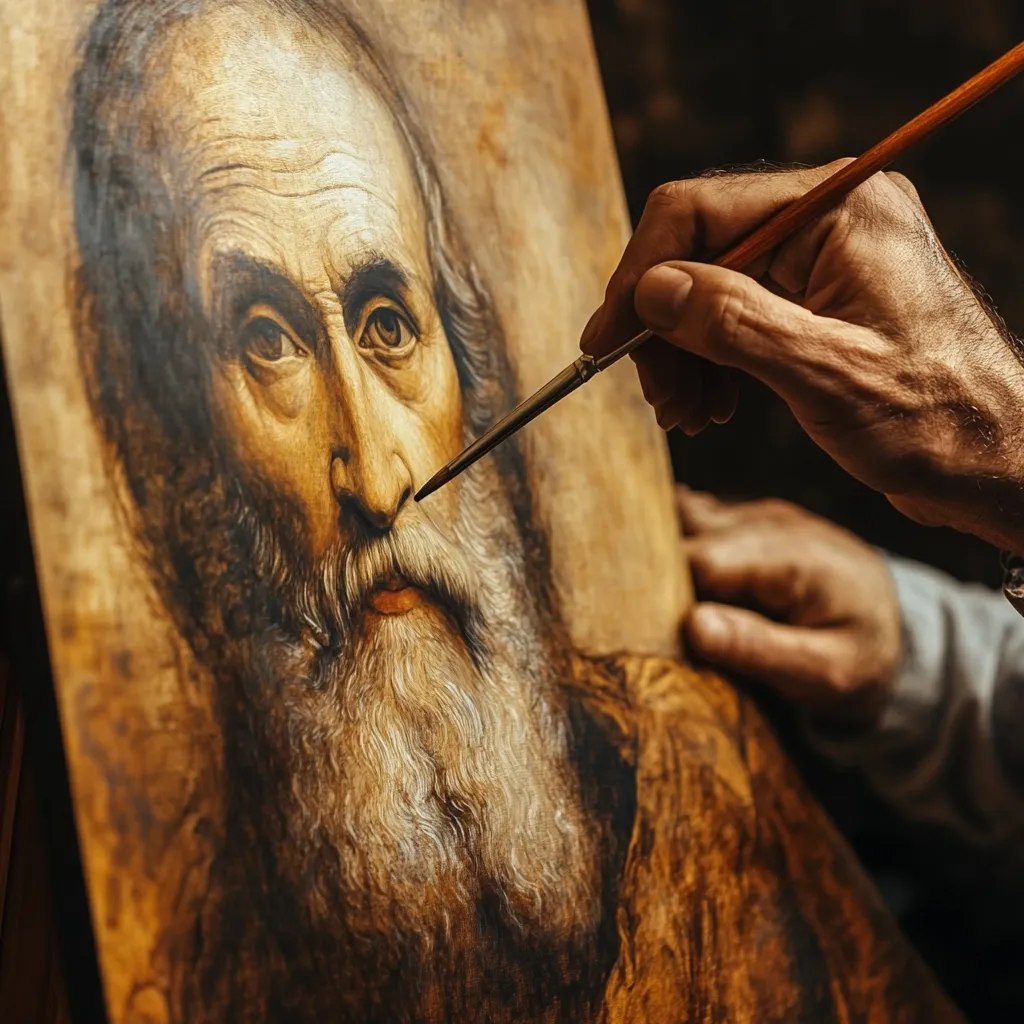 Close-up view of an artist's hands meticulously painting a detailed portrait of an elderly man with a long beard. The painting is rendered in warm, earthy tones, suggesting an oil or similar medium. The artist's focus and the texture of the brushstrokes are evident, highlighting the skill and dedication involved in the artistic process.  The scene evokes a sense of classical artistic tradition.