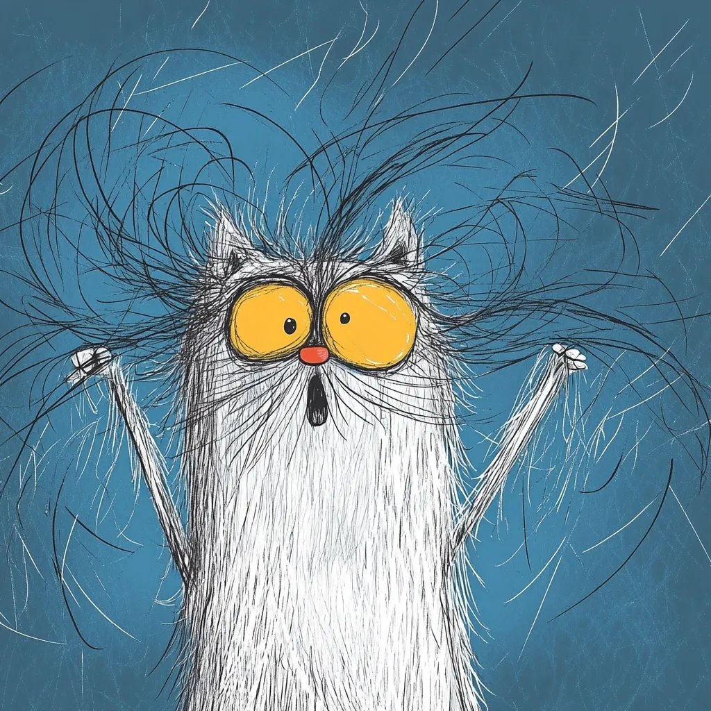 A whimsical illustration depicts a white cat with wildly splayed fur, large, round, yellow eyes, and an open mouth, conveying a surprised or startled expression.  Its arms are raised, adding to the chaotic feel. The background is a textured teal, enhancing the overall quirky and expressive nature of the artwork.  The style is loose and sketchy, with emphasis on texture and emotion.