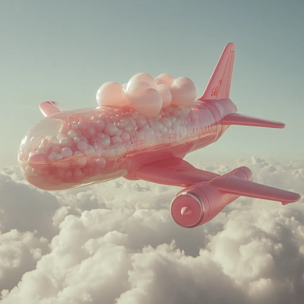 A whimsical pink airplane soars through fluffy white clouds.  Its fuselage is transparent, revealing a cargo hold filled with numerous small, pastel pink and white spheres.  Larger spheres, resembling oversized bubbles, rest atop the plane. The scene evokes a dreamy, surreal atmosphere.