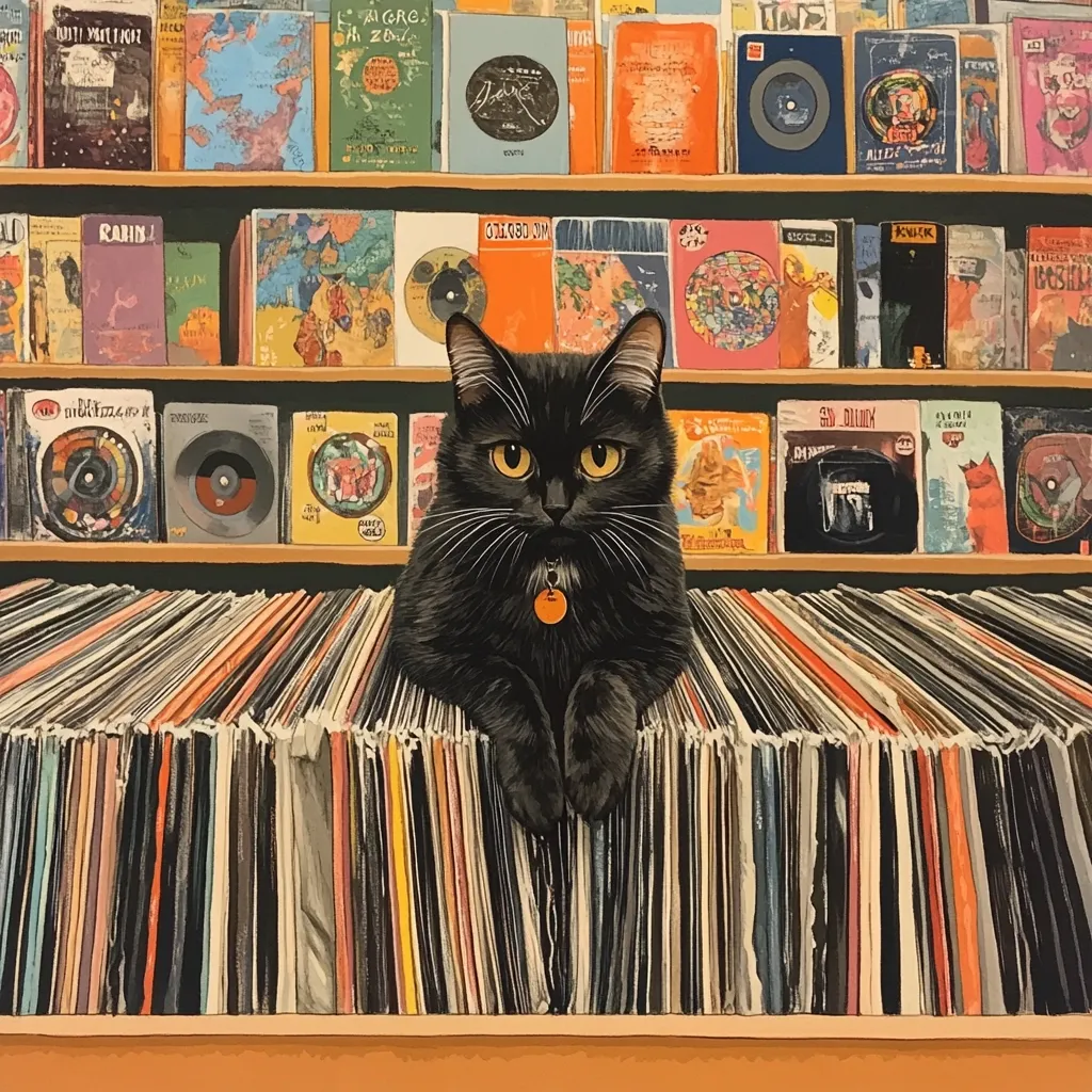A black cat with a small tag around its neck sits majestically atop a vast collection of vinyl records.  Shelves behind the cat overflow with colorful vintage records and books, creating a vibrant backdrop.  The scene is a charming juxtaposition of feline grace and a trove of musical history. The overall style is reminiscent of a detailed painting or illustration.