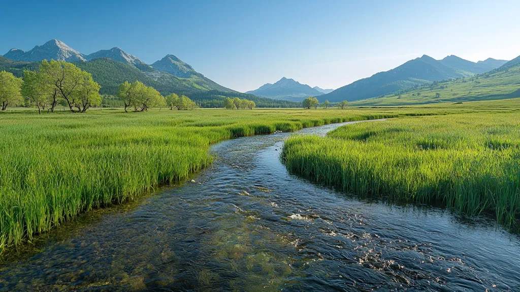 A serene landscape unfolds, showcasing a meandering stream flowing through a verdant meadow.  Lush green grasses line the riverbanks, extending towards a backdrop of majestic mountains under a clear blue sky.  Scattered trees dot the meadow, adding to the tranquil beauty of the scene. The image evokes a sense of peace and untouched natural splendor.