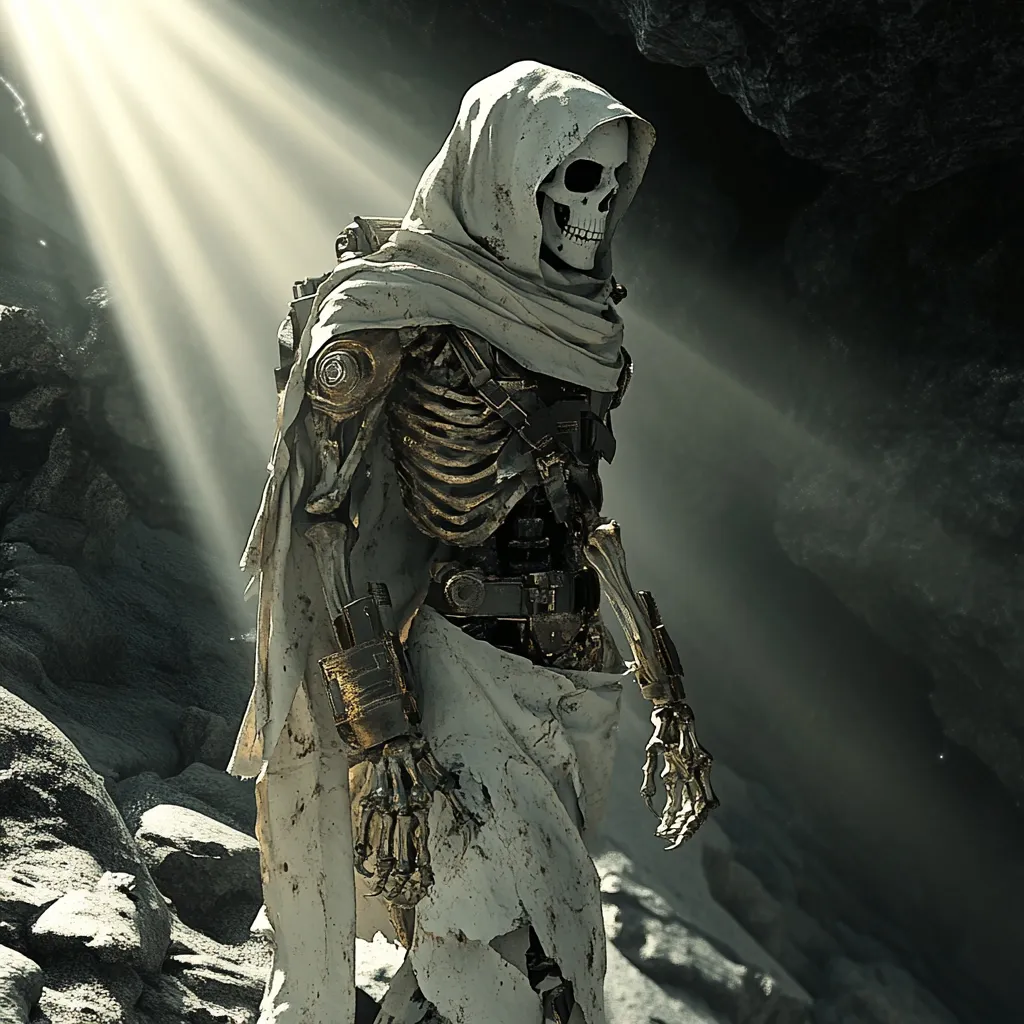 A skeletal robotic figure, cloaked in a tattered white robe and hooded, stands within a dark, rocky cavern.  Sunlight streams through an opening above, illuminating the figure's metallic bones and skull-like head. The scene evokes a sense of mystery and post-apocalyptic desolation. The robot's design is intricate, combining organic and mechanical elements.