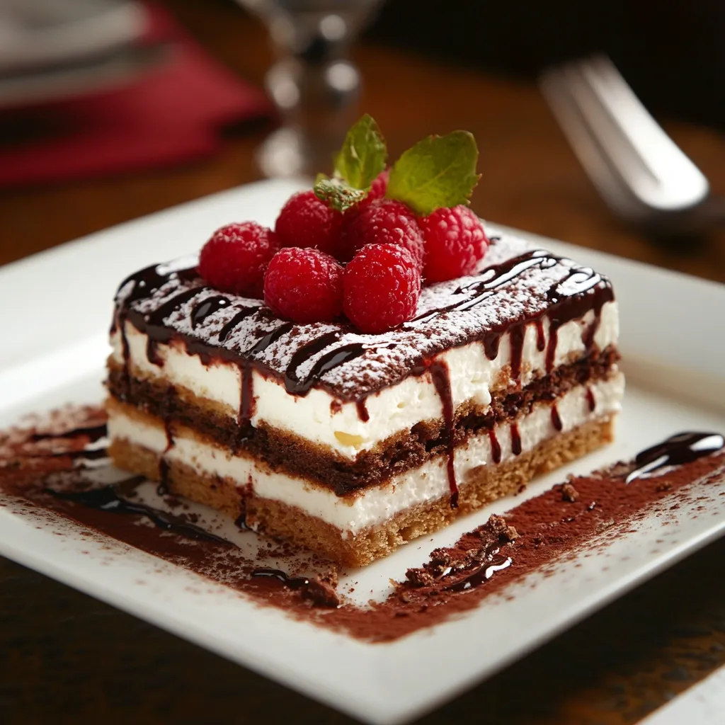 A delectable tiramisu dessert is presented on a white square plate.  Layered with espresso-soaked ladyfingers and creamy mascarpone cheese, it's generously drizzled with chocolate sauce and dusted with cocoa powder. Fresh raspberries and a sprig of mint garnish the top, adding a vibrant pop of color and freshness. The dessert sits on a dark wooden table, creating a visually appealing contrast.