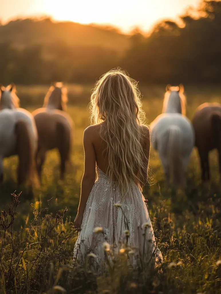 A woman with long blonde hair, wearing a flowing off-white lace dress, stands in a field at sunset.  Several horses graze peacefully in the background, bathed in the golden light. The scene is serene and evokes a sense of calm and freedom. The woman's back is to the camera, her gaze seemingly directed towards the horses. The overall mood is romantic and ethereal.