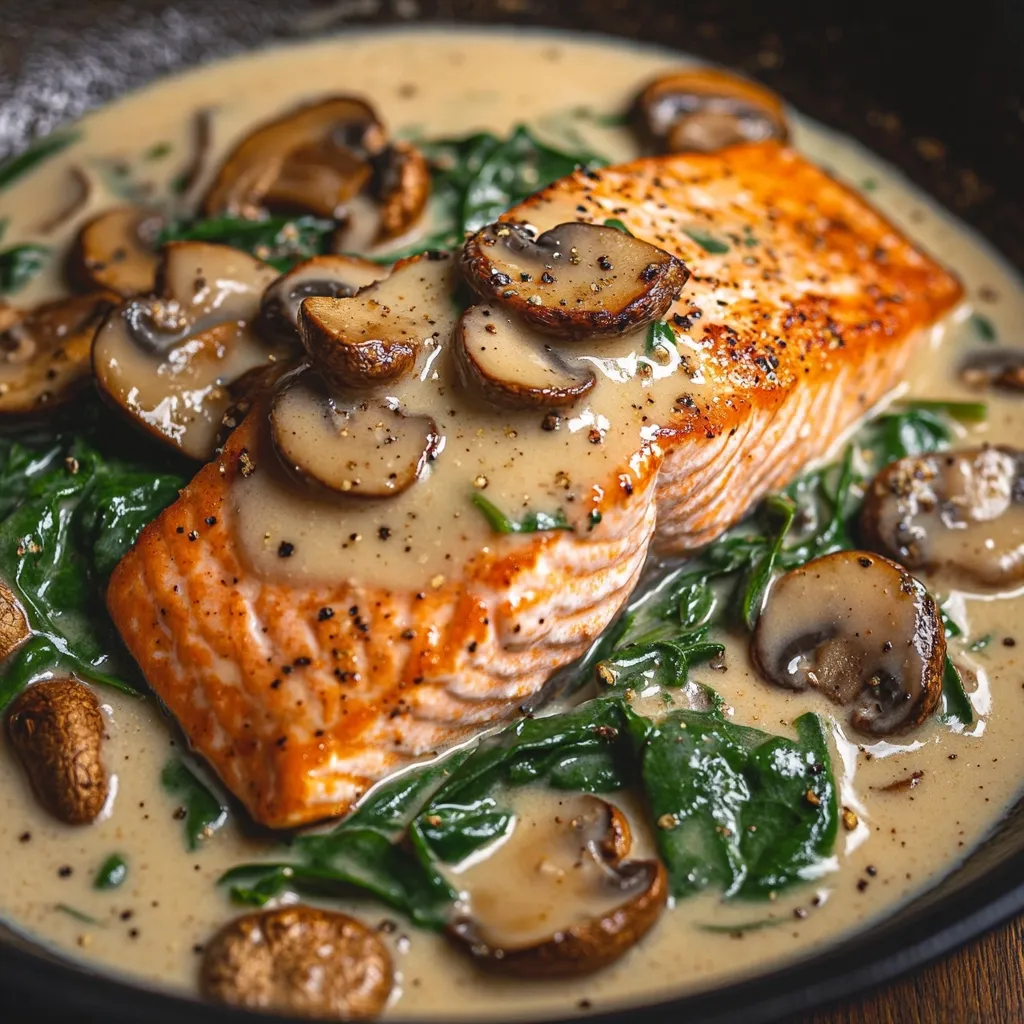 A pan-seared salmon fillet is elegantly presented in a creamy mushroom sauce.  The rich sauce is generously poured over the salmon, complemented by sautéed spinach and roasted mushrooms.  The dish is seasoned with cracked black pepper, showcasing a delicious and sophisticated meal.