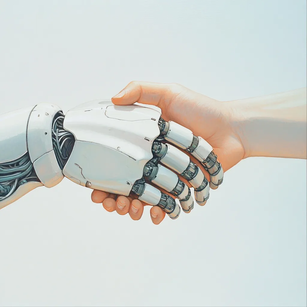A robotic hand and a human hand are shown shaking hands against a white background.  The robotic hand is white with visible internal mechanics, while the human hand is light-skinned.  The image suggests collaboration, partnership, or the merging of human and artificial intelligence.  The style is clean and modern, emphasizing the contrast and connection between the two hands.