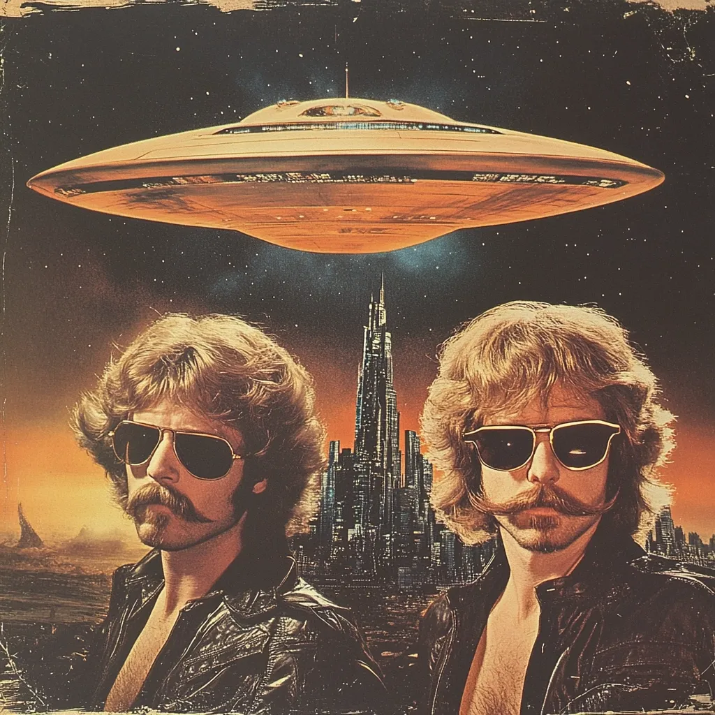 A retro-style artwork depicts two identical, mustachioed men with 70s hairstyles and aviator sunglasses.  They are positioned in front of a futuristic cityscape dominated by a tall, slender tower, with a large, saucer-shaped spaceship hovering above. The overall aesthetic is a blend of science fiction and 1970s fashion, creating a striking, vintage-inspired image.