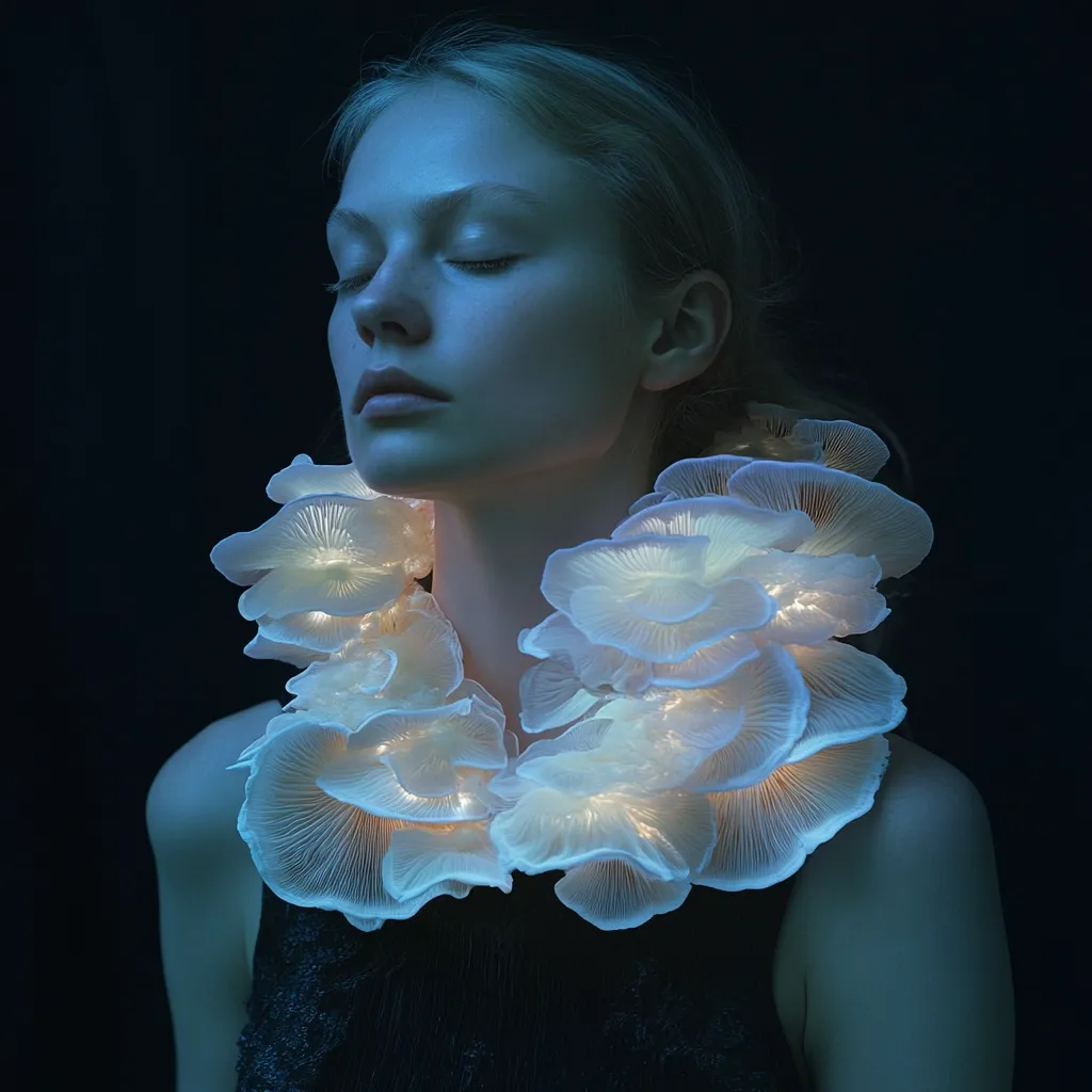 A young woman with her eyes closed is adorned with a luminous necklace crafted from bioluminescent mushrooms. The ethereal glow of the fungi contrasts with her pale skin and dark hair, creating a surreal and captivating image.  The dark background enhances the otherworldly quality of the scene, suggesting a mystical or fantastical setting. The overall effect is one of delicate beauty and otherworldly enchantment.