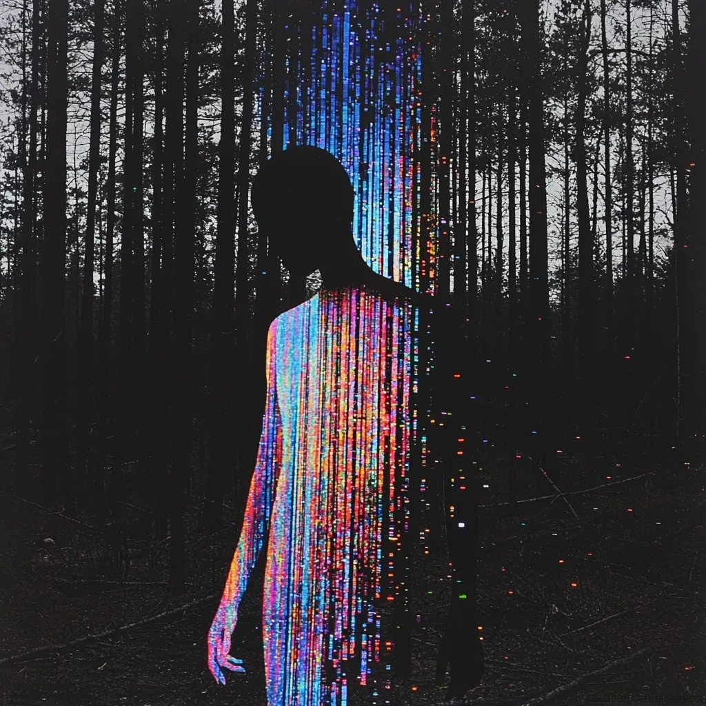 A silhouetted figure stands in a dark forest, their form overlaid with vibrant, vertical streaks of multicolored light.  The luminous lines resemble digital data streams, creating a surreal and ethereal effect. The contrast between the dark, natural setting and the bright, otherworldly glow emphasizes a sense of mystery and transformation. The image evokes themes of technology, nature, and the human spirit.
