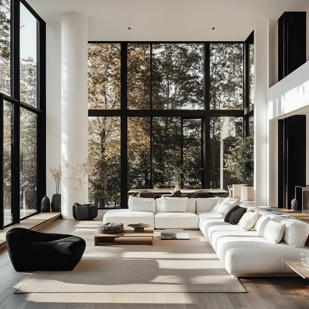 A minimalist living room boasts a sprawling white sectional sofa, centered on a large, light beige rug.  Floor-to-ceiling windows offer panoramic views of a wooded area, bathed in natural sunlight.  A low, wooden coffee table sits before the sofa, and a dark, plush armchair anchors the space.  The overall aesthetic is clean, modern, and serene.  Neutral tones and natural light create a tranquil atmosphere.