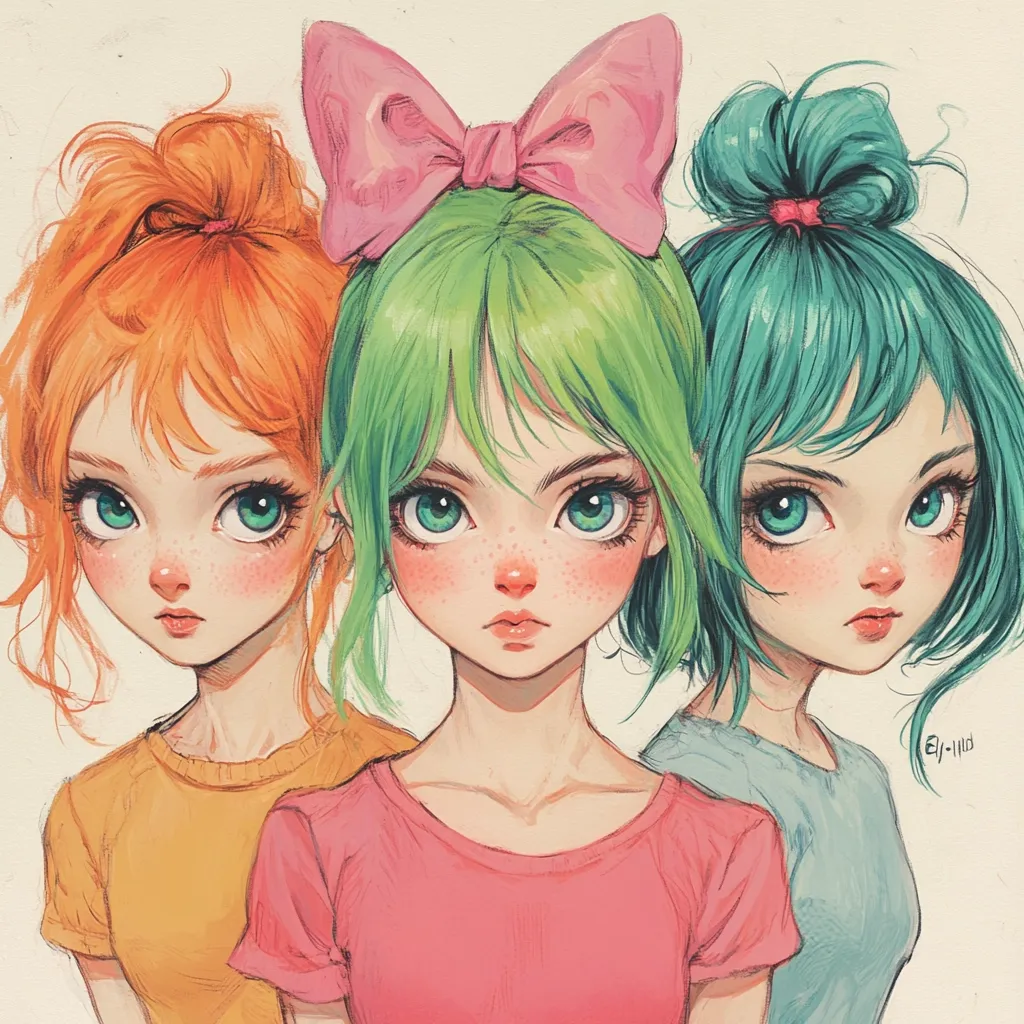 Three girls with distinct hairstyles and colored hair are depicted in a stylized anime art style.  The girl in the center has bright green hair and a pink bow, while the girl on the left has orange hair and the girl on the right has teal hair.  All three have large eyes, rosy cheeks, and serious expressions. They are shoulder to shoulder, wearing simple, colored shirts.  The artwork's style is soft and painterly, with visible brushstrokes.