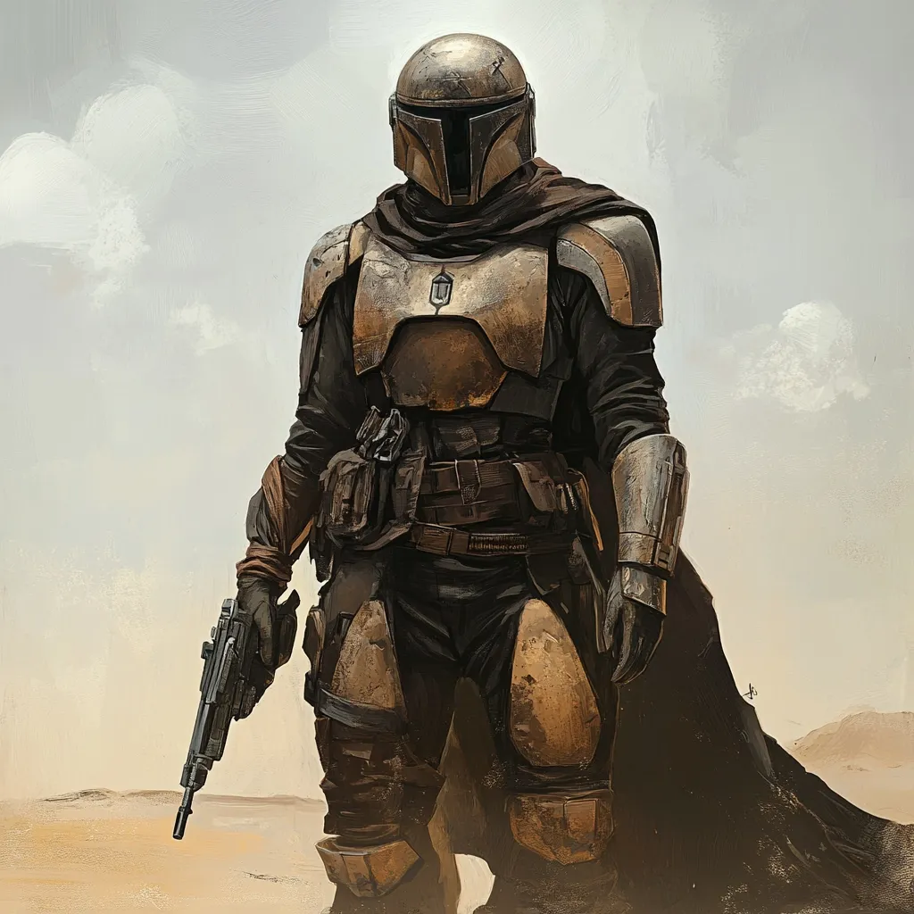 A weathered Mandalorian warrior stands in a desert landscape.  Clad in worn, bronze-and-black armor, he holds a blaster pistol. His helmet obscures his face, adding to the mysterious aura. The muted color palette emphasizes the desolate setting, while the figure's posture conveys a sense of quiet strength and determination.  A dark cape flows behind him, partially obscuring his lower body.