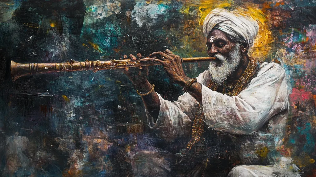 A richly textured painting depicts an elderly man, adorned in white robes and a turban, playing a long, ornate flute. His expression is serene as he concentrates on his music.  The background is a vibrant mix of dark and earthy tones, contrasting with the brighter hues of his clothing and the instrument. The artist uses a bold, impasto style to create a dynamic and evocative scene.