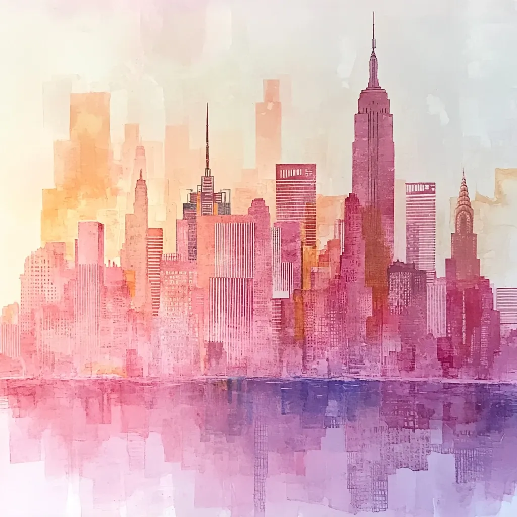A watercolor painting depicts a stylized cityscape, likely New York City, in soft pink, orange, and purple hues.  The Empire State Building is prominent, surrounded by a cluster of skyscrapers reflecting in a calm body of water below. The overall effect is dreamy and atmospheric, with a focus on color and texture rather than precise detail.  The painting evokes a sense of serenity and warmth.