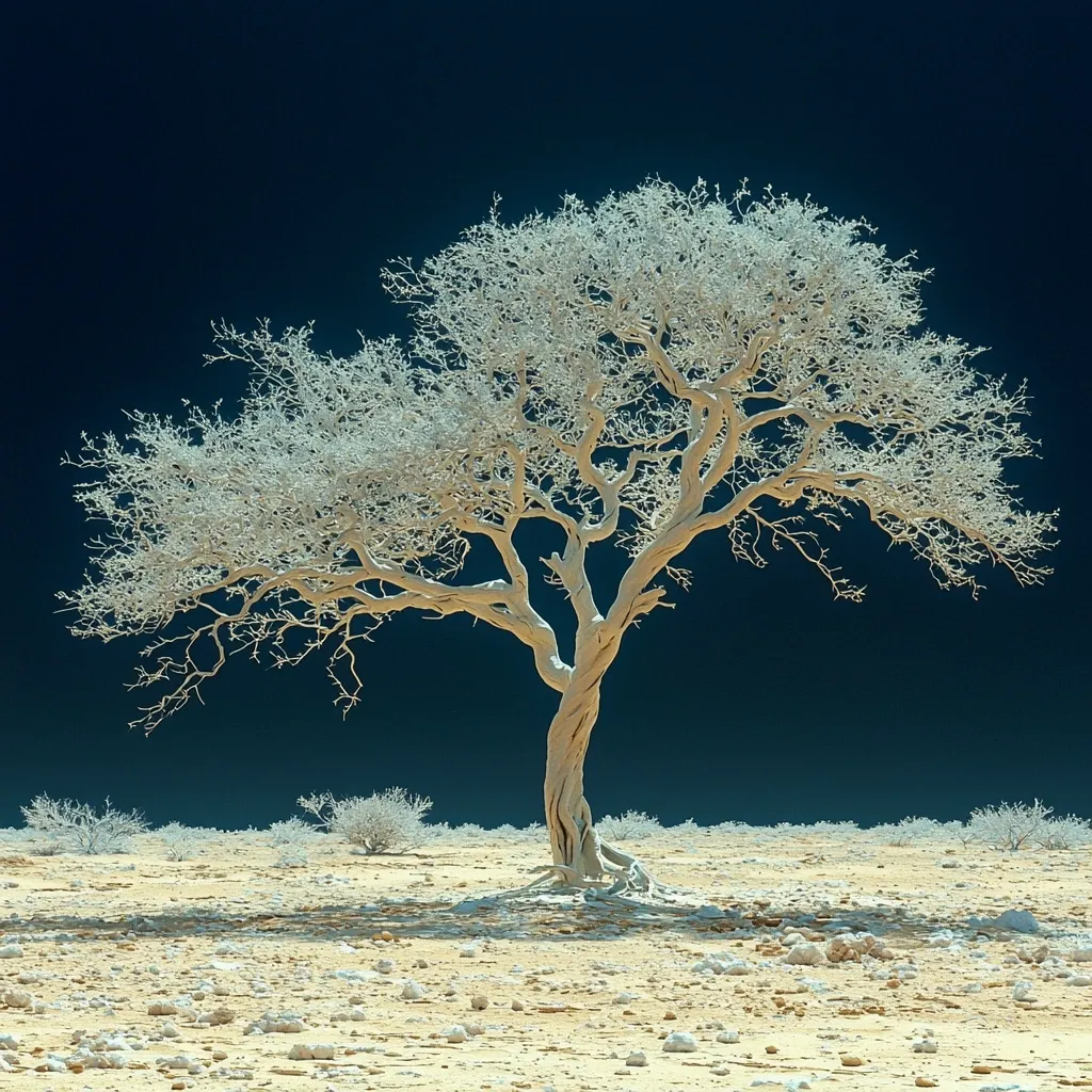 A lone, gnarled tree stands in a desolate, pale landscape under a dark, dramatic sky.  Its branches reach out like skeletal arms, stark against the deep blue. The tree's pale, almost white, color contrasts sharply with the barren, sandy ground, creating a surreal and striking image.  Small shrubs dot the horizon, emphasizing the tree's isolation.