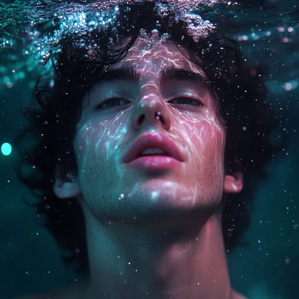 A young man with dark, curly hair is submerged underwater.  Light refracts through the water, illuminating his face with an ethereal glow. Bubbles surround him, creating a dreamlike, almost otherworldly atmosphere. His expression is serene, his eyes closed or softly gazing upwards. The overall image evokes a sense of calm and mystery.