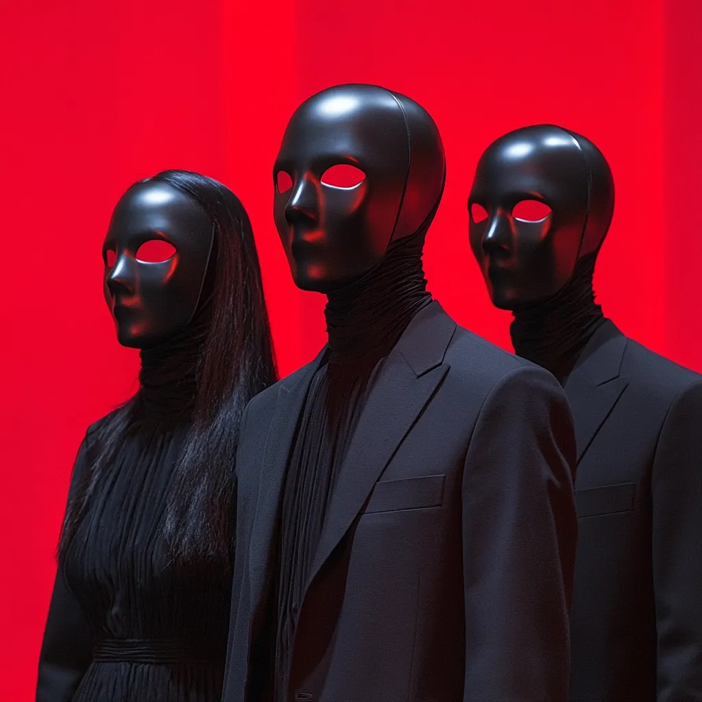 Three figures, two men and a woman, stand against a vibrant red backdrop.  Each wears a solid black, featureless mask covering their entire face.  The attire is all black; the men are in suits, and the woman in a long-sleeved dress. The overall aesthetic is stark, mysterious, and dramatic.
