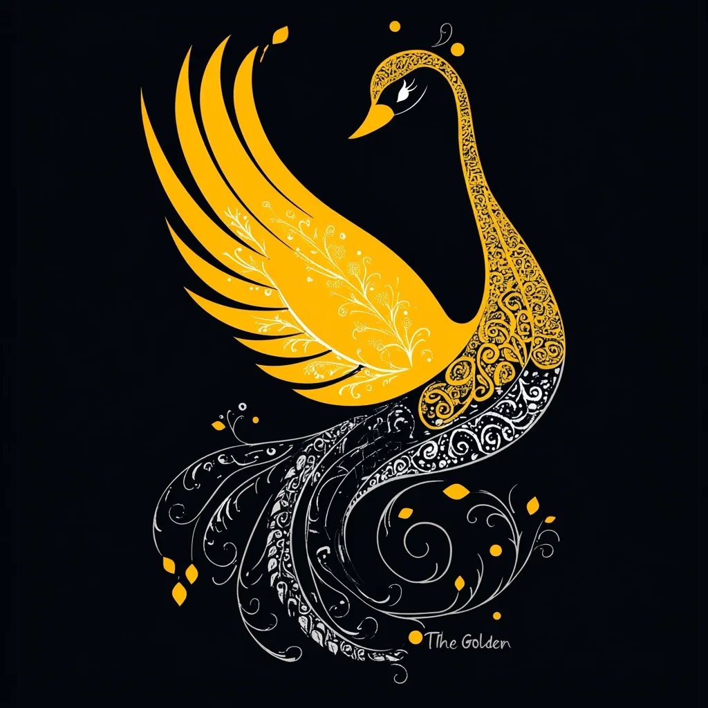 A stylized golden swan is depicted against a black background.  Its wings are spread majestically, adorned with intricate floral patterns in yellow and white. The swan's body and tail feathers are detailed with swirling, ornate designs, creating a sense of elegance and movement.  The overall effect is a striking and artistic representation of the bird, labeled "The Golden" at the bottom.