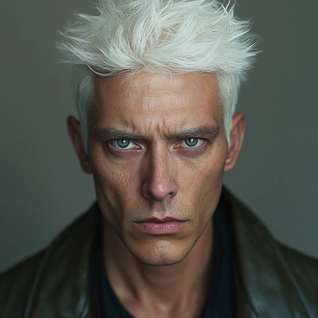Close-up portrait of a man with striking features. He has short, spiky, platinum blonde hair and intense, light-colored eyes. His expression is serious, almost stern, with furrowed brows and a firm set to his mouth. He's wearing a dark-colored leather jacket, adding to his edgy look. The background is a muted gray, drawing focus to the subject's face. The overall mood is intense and brooding.