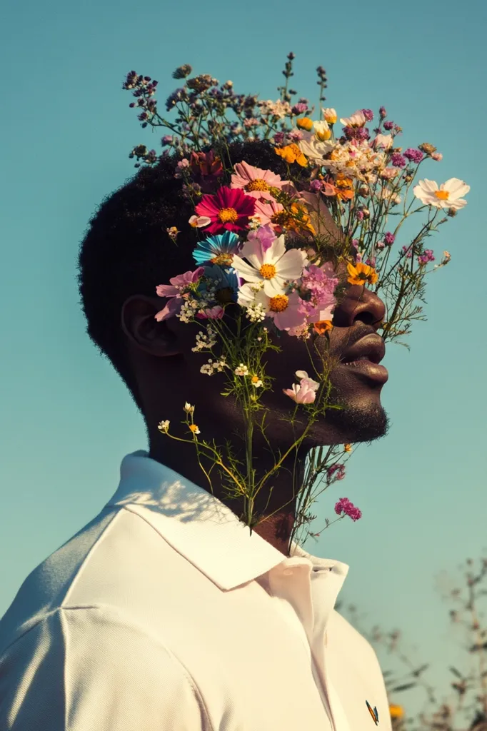 A portrait of a young Black man, his face partially obscured by a vibrant bouquet of wildflowers.  The flowers, a mix of colors and textures, emerge from his neck and cover his face, creating a striking contrast against his dark skin and simple white polo shirt. The background is a clear, bright blue sky, enhancing the overall ethereal quality of the image. The scene evokes feelings of natural beauty and serene masculinity.