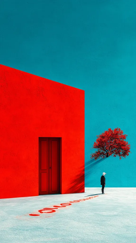A minimalist scene features a vibrant red building with a red door against a teal backdrop.  A lone figure in dark clothing stands on a light-blue ground, observing a trail of red footprints leading towards the structure. A small red tree casts a shadow near the person, enhancing the bold color contrast and creating a surreal, almost symbolic image.