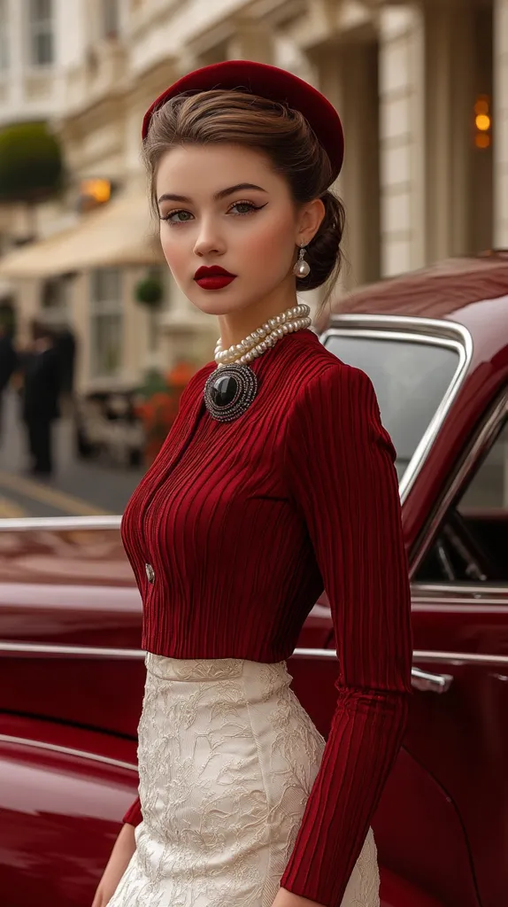 A woman with a vintage style poses beside a classic red car.  She wears a crimson ribbed cardigan, a white lace pencil skirt, a pearl necklace, and a burgundy headband. Her makeup is elegantly done with red lipstick and winged eyeliner. The setting appears to be a city street with elegant buildings in the background.  The overall aesthetic is sophisticated and retro.