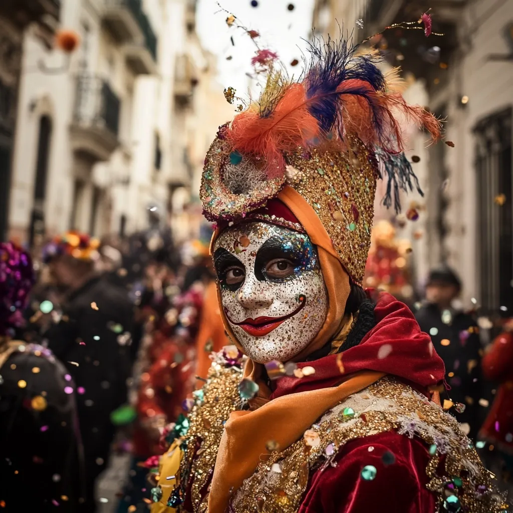 A person in an elaborate carnival costume stands amidst a crowd.  Their mask is intricately designed with glittering details and features a painted face.  The costume is rich with gold and red fabrics, adorned with feathers and sequins. Confetti rains down, adding to the festive atmosphere of the parade or celebration. The background is blurred but shows a bustling street scene.