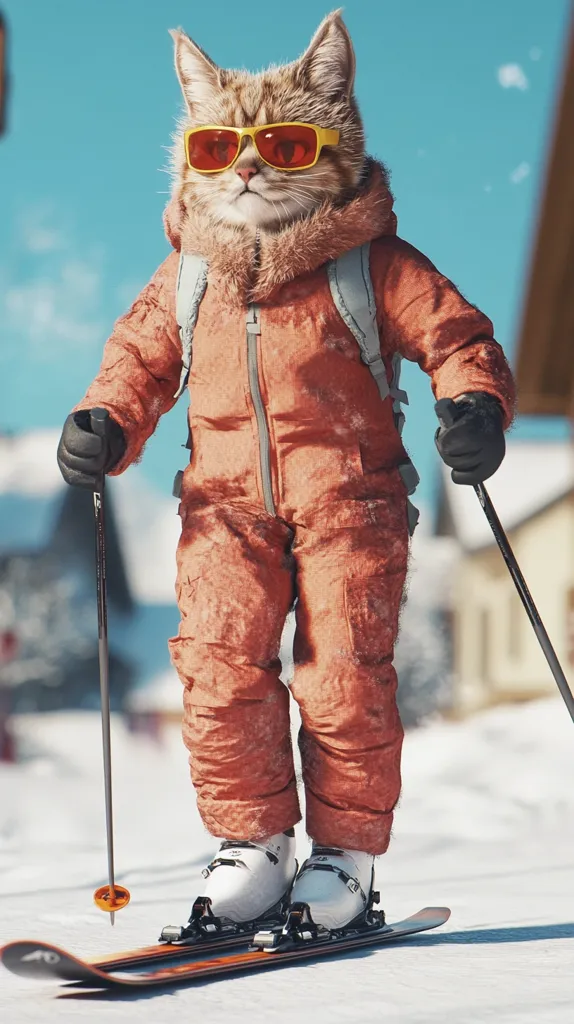 A cat, wearing orange ski gear and sunglasses, stands on skis on a snowy slope.  The cat is outfitted in a full-body ski suit, backpack, and ski poles.  The background shows a snowy village.  The scene is brightly lit, with a clear blue sky. The cat appears confident and ready for a day of skiing.