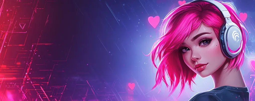 A stylized digital illustration showcases a young woman with vibrant pink hair, wearing white and grey headphones.  Her expression is subtly alluring, glancing over her shoulder. The background features a dynamic blend of pink and purple hues, with abstract geometric shapes suggesting a technological or futuristic setting.  Floating hearts add a romantic touch to the overall cyberpunk aesthetic.