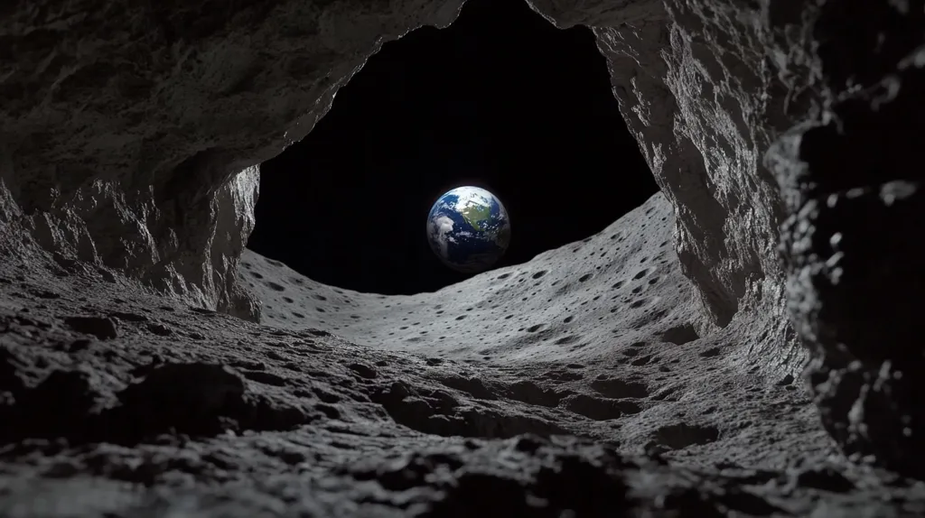 A view from inside a lunar cave reveals a cratered lunar landscape.  The cave's opening frames Earth, a small blue sphere hanging in the black void of space.  The moon's surface is rough and textured, showing numerous impact craters.  The contrast between the dark cave interior and the bright Earth creates a striking visual.