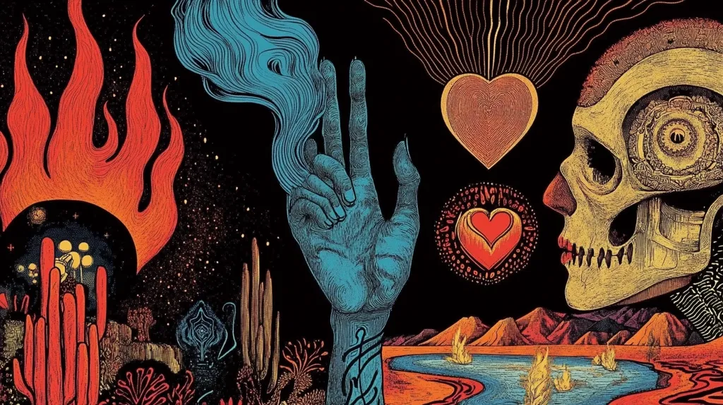 A psychedelic artwork depicting a surreal landscape.  A fiery sun-like orb contrasts with a cool blue hand, seemingly holding a wisp of smoke.  A detailed skull profile faces a smaller, vibrant heart, while a larger golden heart glows above.  The scene is rich with symbolic imagery, featuring cacti, a winding river, and flames, all rendered in bold, intricate detail against a dark backdrop. The style blends elements of fantasy and surrealism.