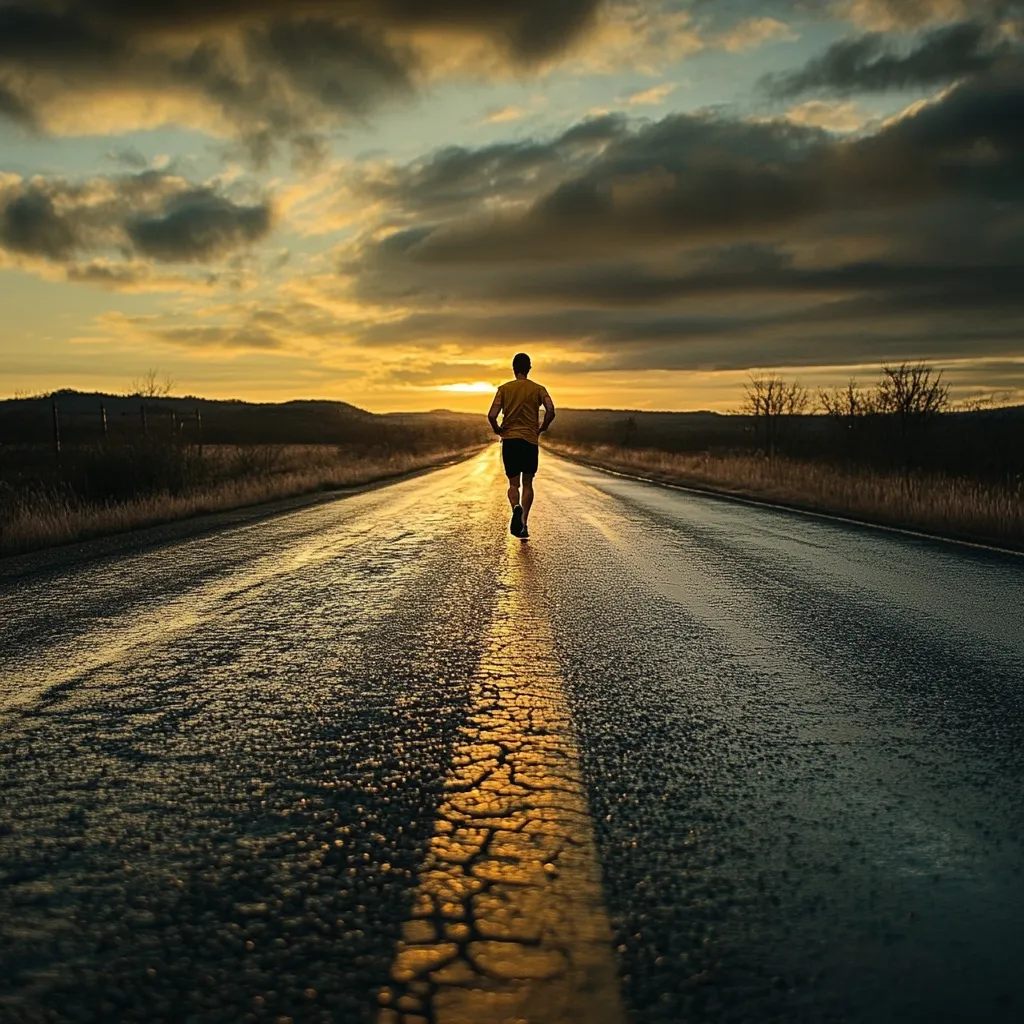 A lone runner, silhouetted against a vibrant sunset, strides down a long, wet road. The asphalt reflects the golden light, emphasizing the runner's solitary journey.  Cracks in the road's surface and the dark, brooding clouds overhead create a dramatic, yet peaceful ambiance.  The scene evokes a feeling of determination and the pursuit of a distant goal.