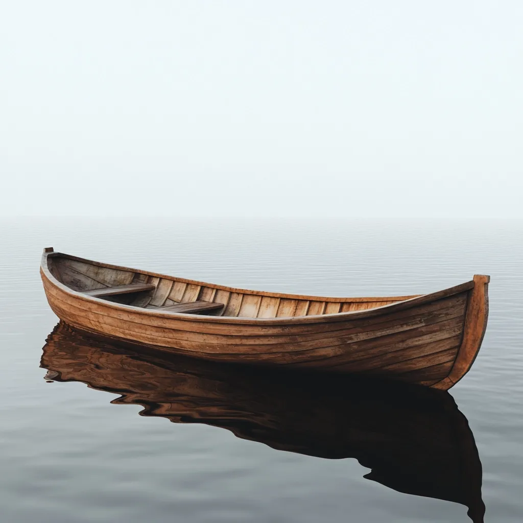 A wooden rowboat sits serenely on calm, still water under a misty sky.  The boat is brown, reflecting in the undisturbed surface. The scene is peaceful and evokes a sense of solitude and quiet contemplation.  The fog creates a serene and ethereal atmosphere.