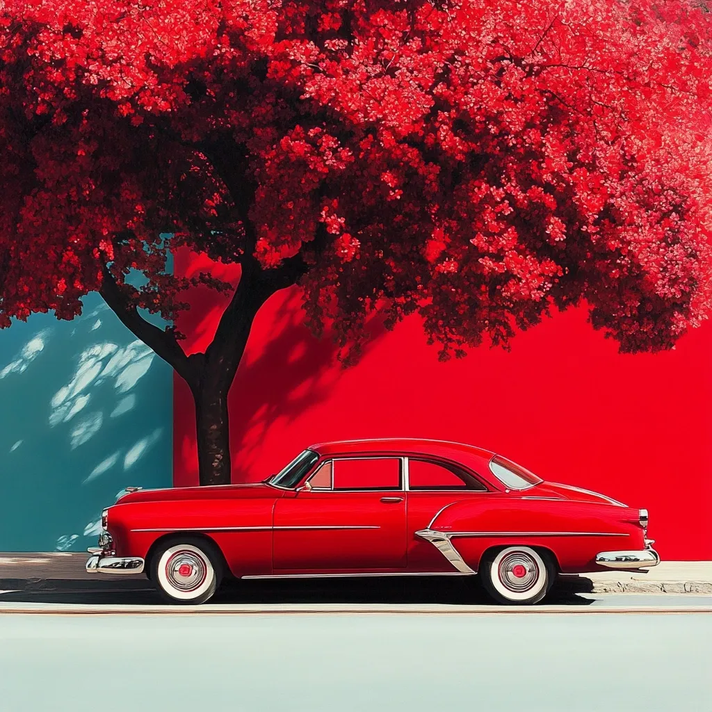 A vibrant image depicts a classic red car parked under a lush, red-leafed tree. The car, a two-door hardtop, is positioned against a backdrop of a teal and red wall.  The bold colors create a striking contrast, emphasizing the vintage vehicle and the tree's fiery foliage. The scene exudes a sense of calm and nostalgic beauty.