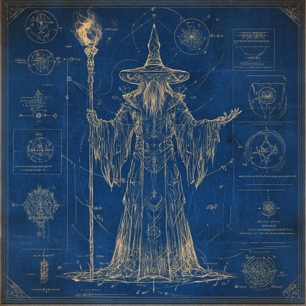 A blueprint-style image depicts a majestic wizard, rendered in gold against a deep blue background.  He stands tall, holding a staff with a flaming top, wearing a long robe and pointed hat.  Surrounding the figure are intricate diagrams and symbols, reminiscent of magical runes and alchemical formulas, creating a mystical and technical aesthetic. The overall impression is one of arcane knowledge and careful design.