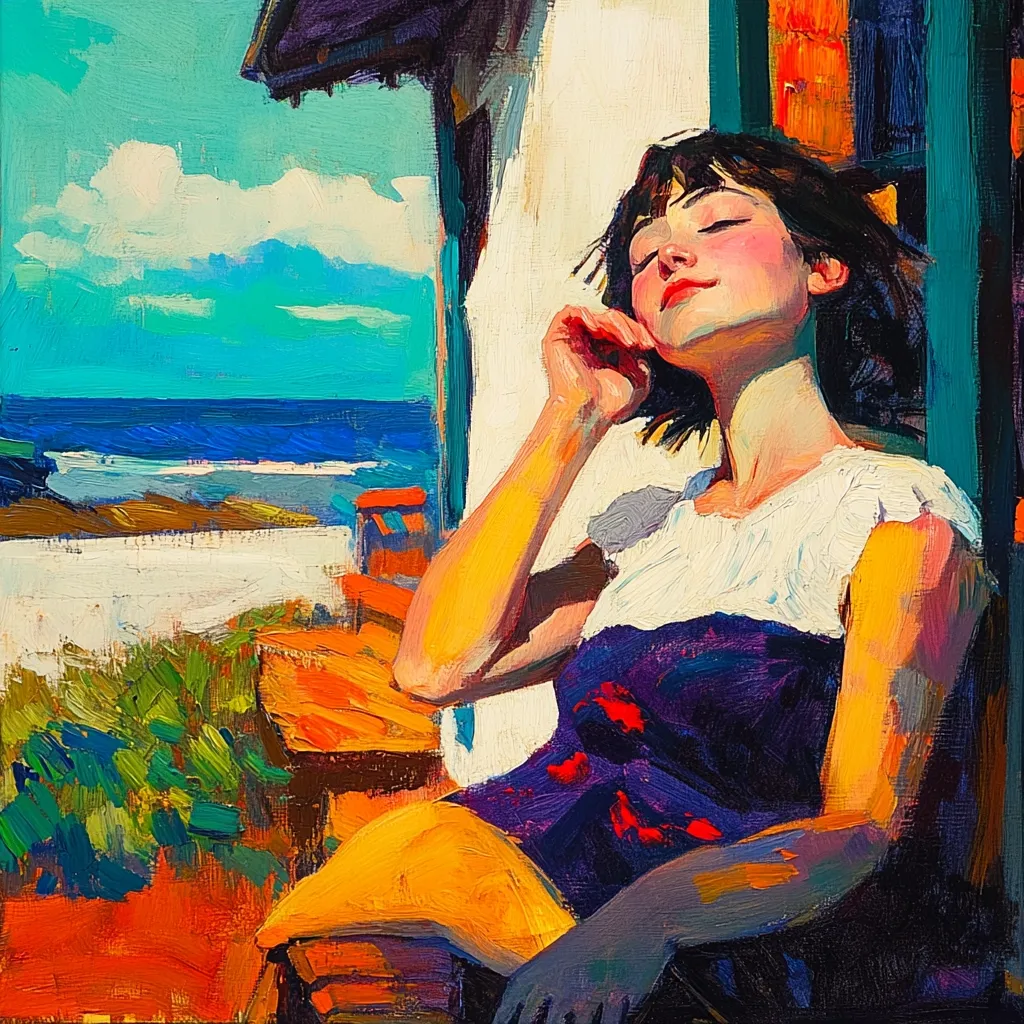 A vibrant, impasto painting depicts a young woman relaxing on a porch.  She rests her head in her hand, eyes closed, enjoying the view of a sun-drenched beach and ocean.  The artist uses bold strokes of warm oranges, yellows, and deep blues to create a sun-kissed atmosphere. Her clothing is a mix of white and deep purple, contrasting with the bright surroundings. The style is expressive and loosely painted, emphasizing the feeling of warmth and serenity.