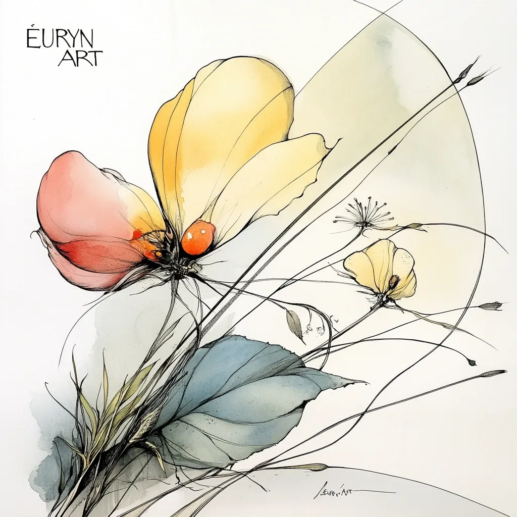 A watercolor painting titled "Euryn Art" depicts stylized flowers in soft pastel hues of yellow, pink, and blue-gray.  The central flower resembles a butterfly, with delicate lines suggesting stems and leaves. The background is mostly white, allowing the colors to stand out. The artist's signature is visible in the bottom right corner.  The style is abstract and suggestive, rather than realistic.