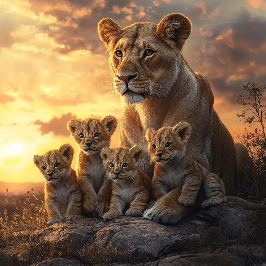 A majestic lioness, her amber eyes gazing into the distance, sits protectively amidst her four adorable cubs.  The warm glow of a setting African sun bathes the scene in golden hues, casting long shadows across the savanna.  The cubs huddle closely to their mother, a picture of family and the wild beauty of the African landscape.
