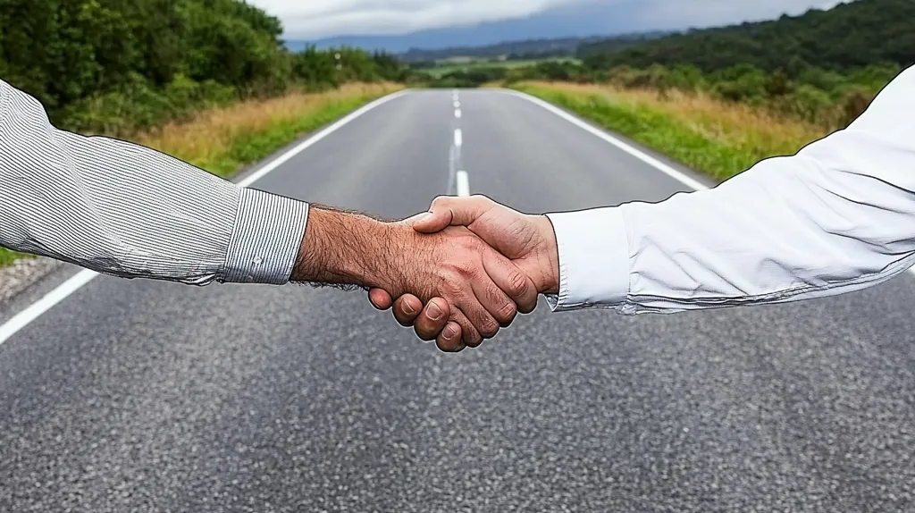 Two men in long-sleeved shirts shake hands firmly over a long, straight road stretching into the distance. The road is flanked by green fields and trees under a cloudy sky.  The handshake symbolizes a deal, partnership, or agreement, with the road representing the journey ahead. The image evokes a sense of collaboration and shared future.