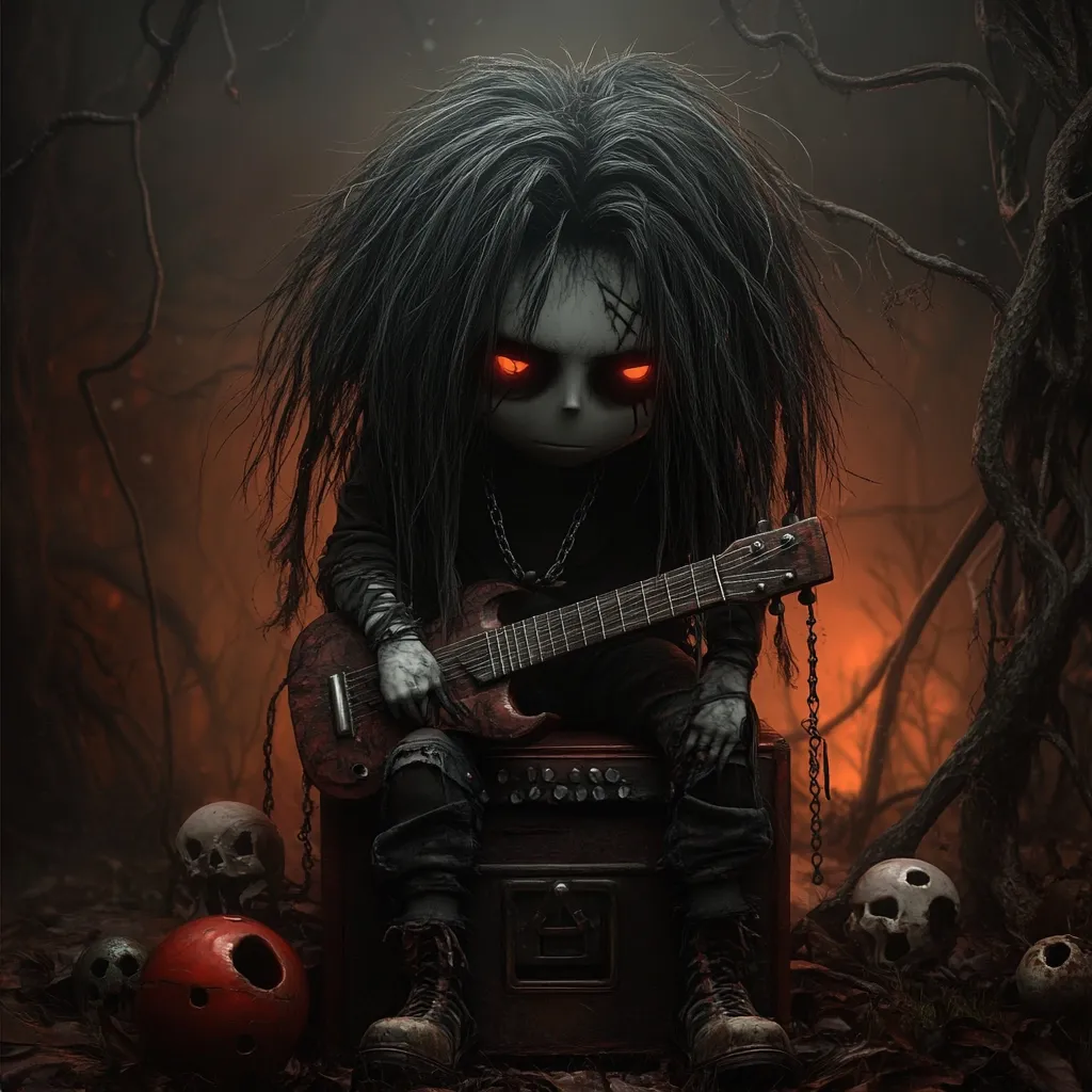 A digital illustration depicts a dark, chibi-like figure with long black hair and glowing red eyes.  The figure, seemingly a child, sits on an amplifier, playing a guitar.  Surrounding it are skulls and a red ball, all set against a dark, ominous forest backdrop. The overall mood is eerie and gothic, with a hint of rock and roll aesthetic.