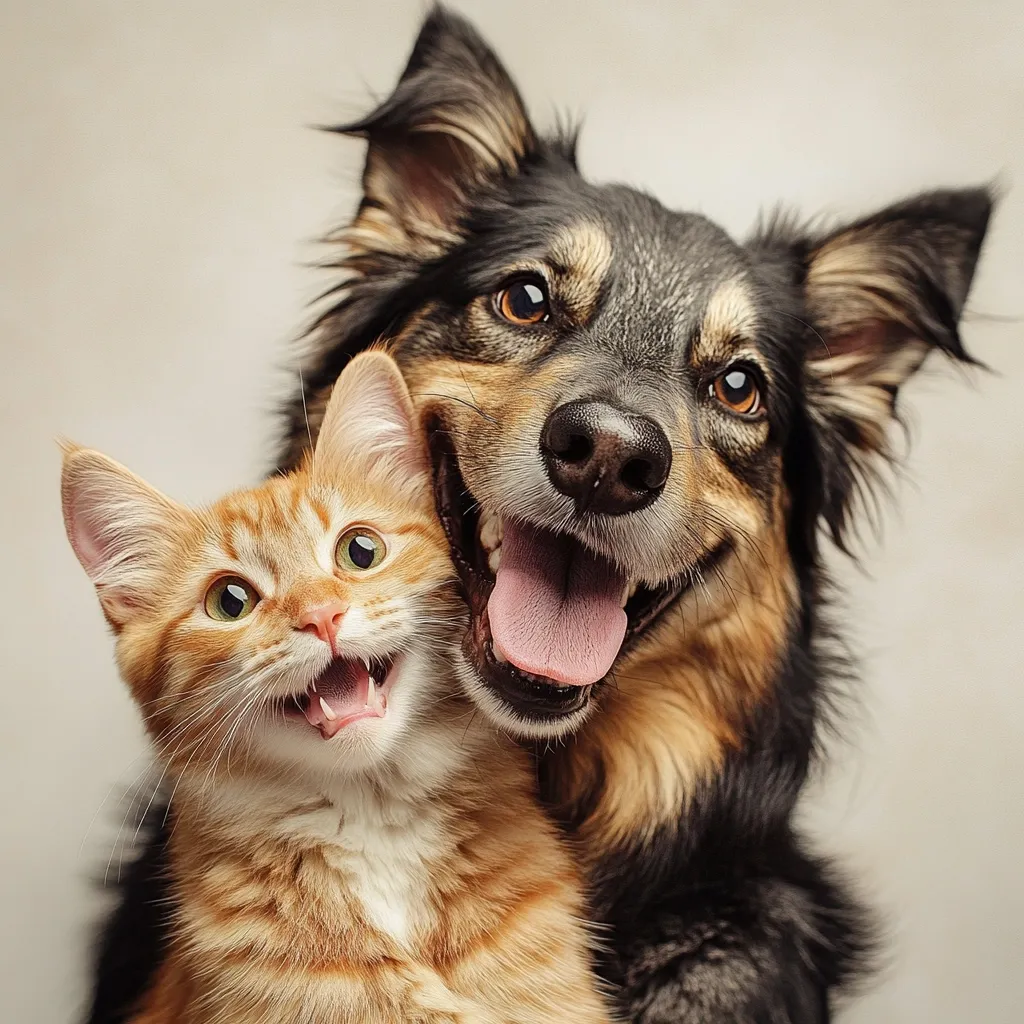 A heartwarming close-up captures a cheerful ginger kitten nestled against a smiling, long-haired dog.  The dog, possibly a Border Collie mix, has its tongue playfully out, mirroring the kitten's open-mouthed expression.  Both animals appear content and affectionate, creating a delightful image of interspecies companionship.  The soft, neutral background enhances the focus on the animals' happy faces.