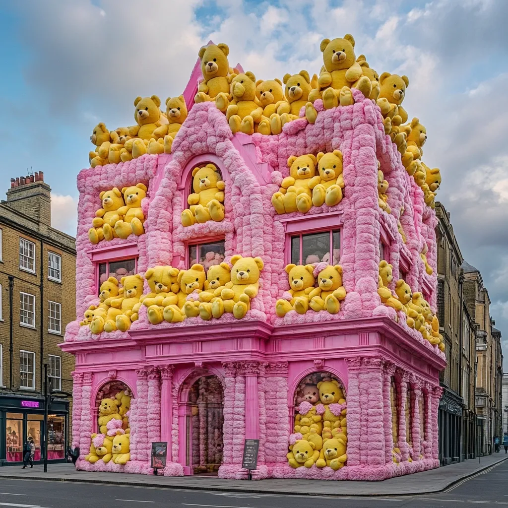 A pink building, seemingly a shop, is entirely covered in fluffy pink material and adorned with numerous yellow teddy bears.  The bears are arranged on the roof, windows, and around the entrance, creating a whimsical and playful facade. The building stands on a city street, contrasting with the more traditional architecture of the surrounding buildings.  It's a striking and memorable display.