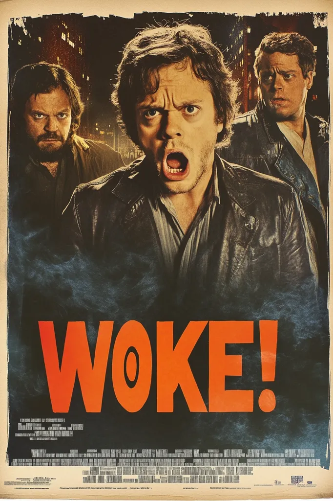 A film poster for "Woke!" features three men against a city backdrop.  The central figure, mouth agape in shock or surprise, dominates the image.  Two others flank him, one on either side, appearing apprehensive.  The title "WOKE!" is prominently displayed in large, bold, orange lettering against a dark background. The overall style is gritty and dramatic, hinting at a suspenseful or comedic narrative.