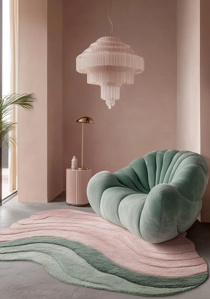 A serene living space features a seafoam green plush armchair positioned on a wavy, pastel-toned rug.  A delicate, tiered chandelier hangs above, casting a soft glow.  A blush pink side table with a gold lamp completes the calming, minimalist aesthetic. The overall color palette is soft and muted, creating a tranquil atmosphere.