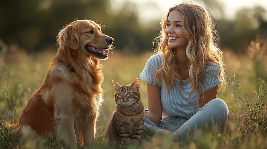 A young woman with long blonde hair sits in a grassy field, smiling gently at a golden retriever and a tabby cat.  The dog sits attentively beside her, while the cat rests calmly in front. The warm sunlight casts a golden hue over the scene, creating a peaceful and idyllic atmosphere. The overall image evokes a sense of happiness and companionship between the woman and her pets.