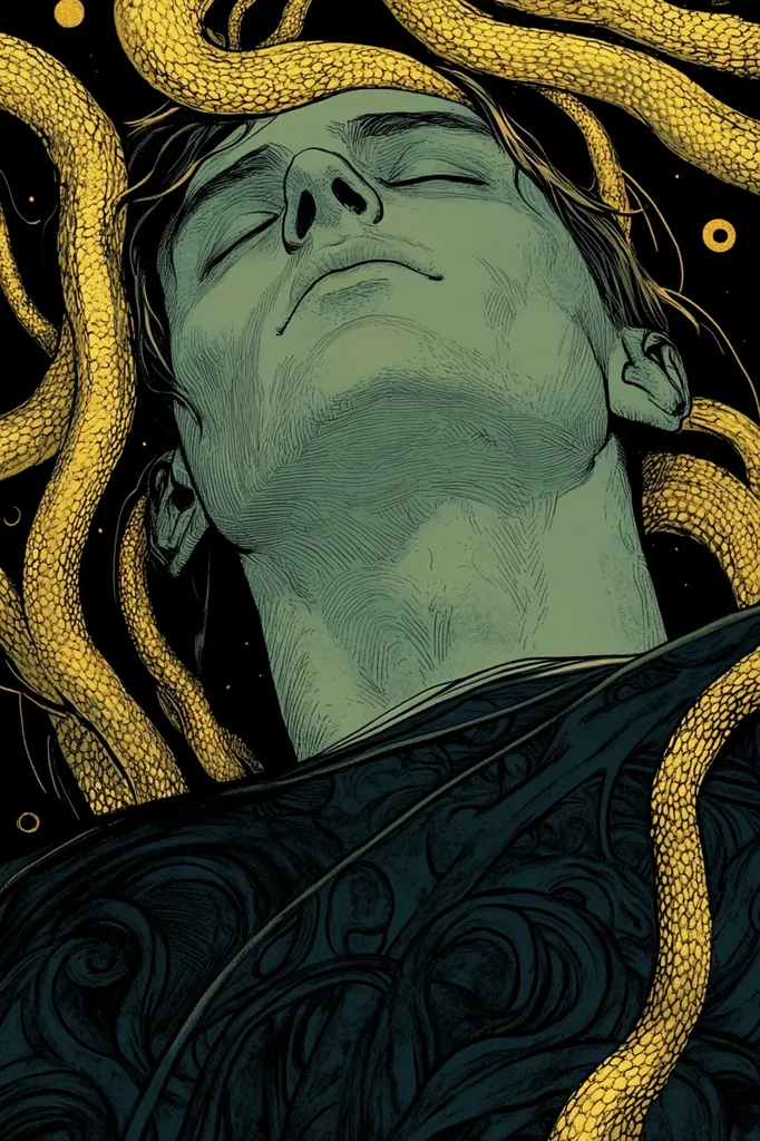 A stylized illustration depicts a serene young man lying supine, enveloped by a multitude of golden snakes. His eyes are closed, his expression peaceful. The snakes, intricately detailed with scales, create a visual contrast against the man's muted green skin tone. The background is dark, punctuated by small, glowing orbs. The overall mood is one of quiet mystery and perhaps, a subtle suggestion of transformation or transcendence.