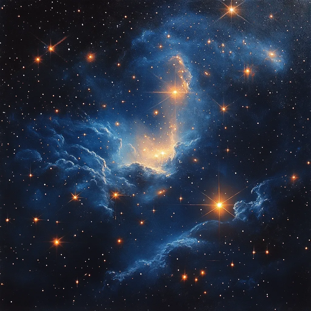 A breathtaking cosmic landscape unfolds, showcasing a nebula's vibrant hues of deep blue and warm gold.  Countless stars, ranging from tiny pinpricks to brilliant suns, pepper the dark expanse. The nebula itself is sculpted into swirling clouds, illuminated from within by a bright, central region.  The overall effect is one of immense depth and celestial beauty.