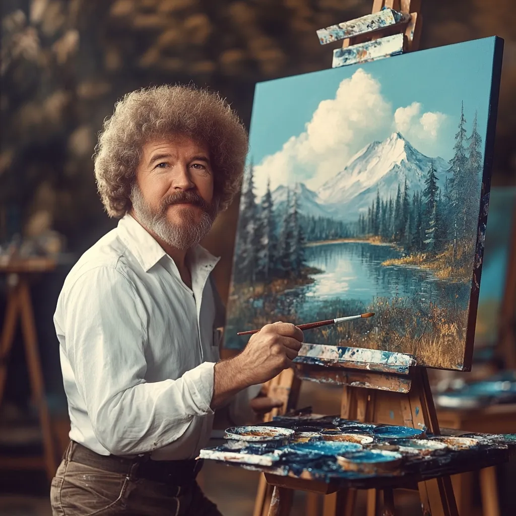 Bob Ross, with his signature afro, is captured mid-stroke, painting a serene landscape.  The image showcases his relaxed demeanor and the joy of his artistic process. A palette of vibrant colors sits nearby, ready for his next brushstroke. The finished painting depicts a tranquil lake nestled amidst snow-capped mountains and evergreen trees, a hallmark of his style.
