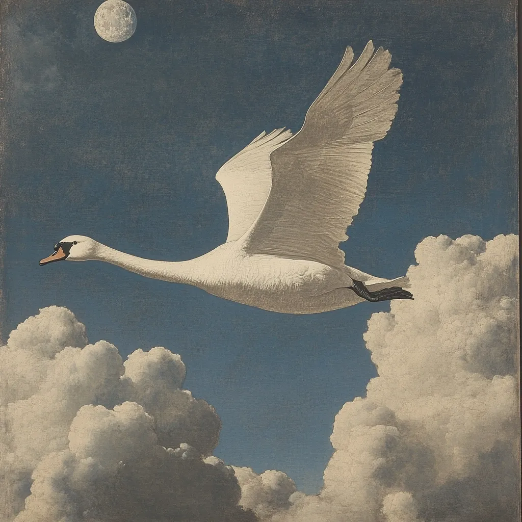 A majestic white swan gracefully glides through a twilight sky, its wings outstretched in elegant flight.  The swan soars above a sea of fluffy, cumulus clouds, bathed in the soft light of a full moon visible in the upper left corner. The overall mood is serene and dreamlike, evoking a sense of peace and freedom.  The painting's muted color palette enhances the ethereal atmosphere.