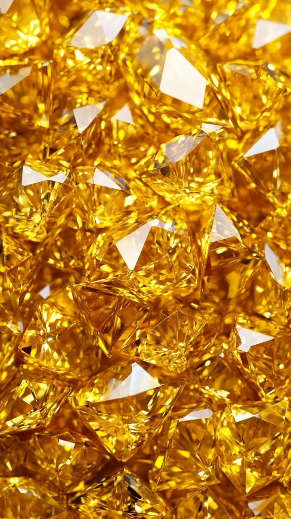 A close-up shot reveals a dense cluster of golden gemstones, their multifaceted surfaces catching and reflecting light.  The vibrant yellow hue is consistent throughout, creating a dazzling and luxurious effect.  Each gem exhibits sharp angles and brilliant sparkle, suggesting high quality and precision cut. The overall impression is one of opulence and richness.